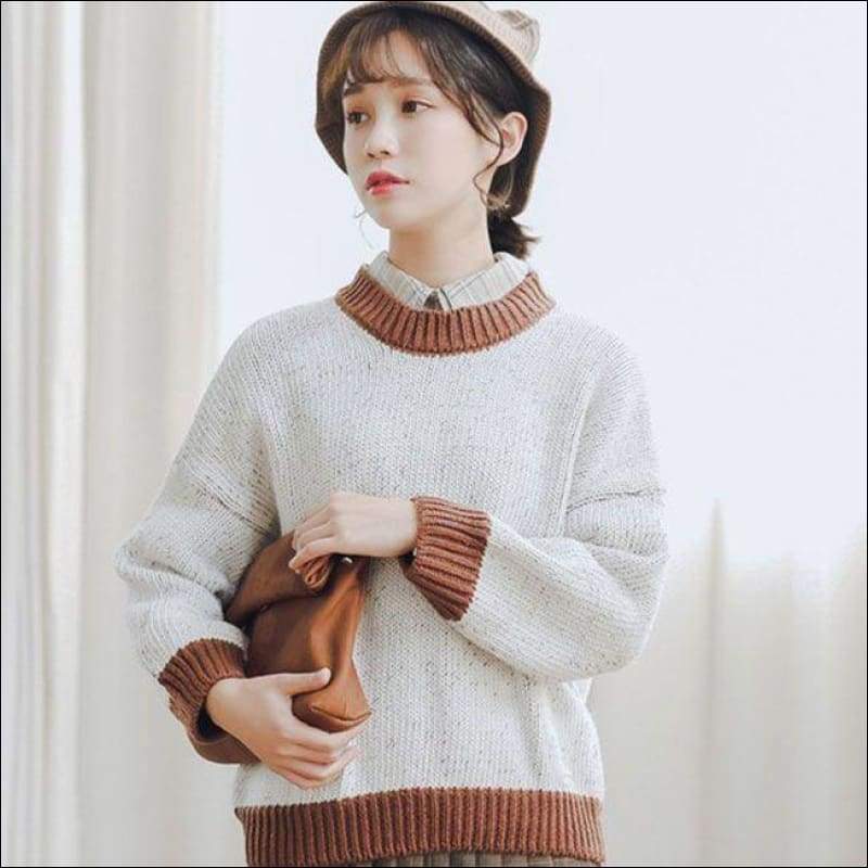 Round Collar Contrast Color Knitwear - F / Khaki - Petite 