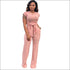 Round Collar Lace-up Top And Straight Pants Two Pieces Sets