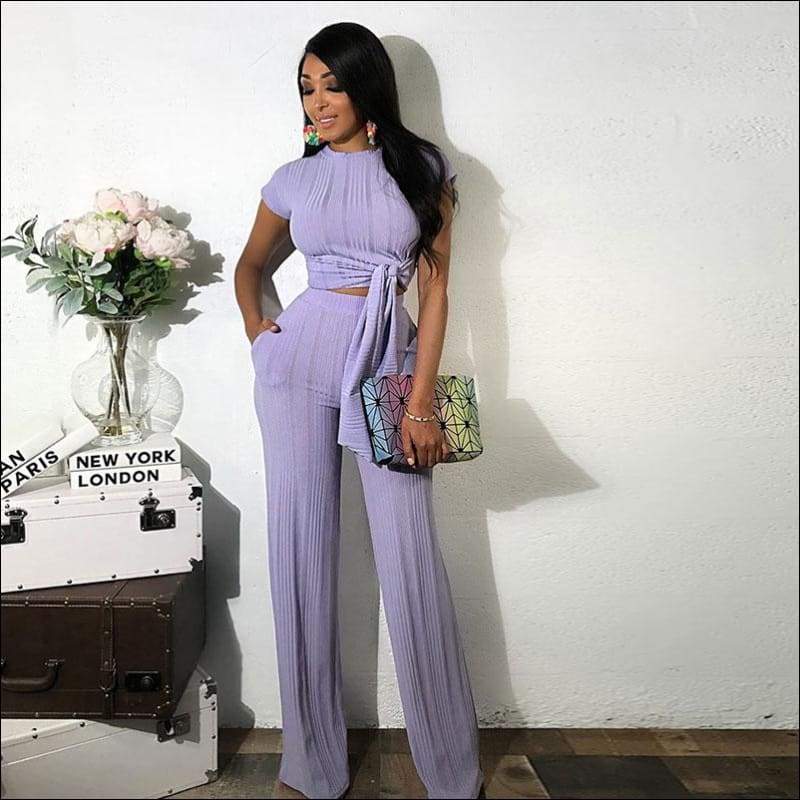 Round Collar Lace-up Top And Straight Pants Two Pieces Sets 