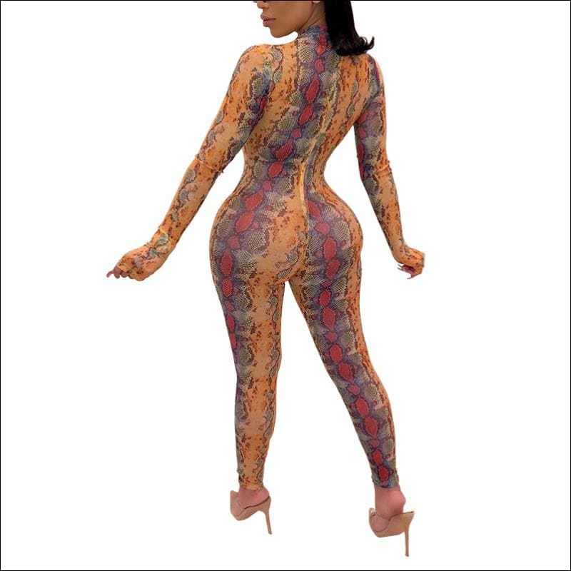 Round Collar Long Sleeve Print Tight Jumpsuits - Jumpsuits
