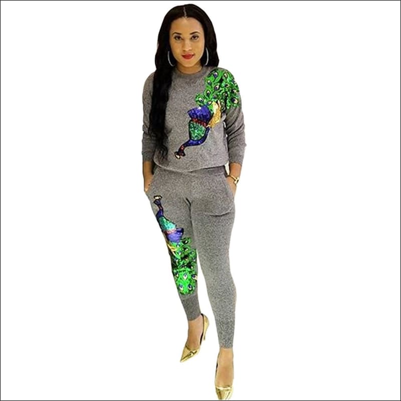 Round Collar Long-sleeve Sequins Peacock Pattern And Pants 