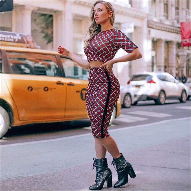 Round Collar Printed Crop Top And Bodycon Skirt Fashion Two 