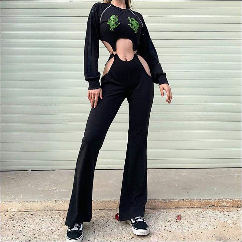 Round Neckline Dragon Print Long Sleeve Hollow Jumpsuits - S
