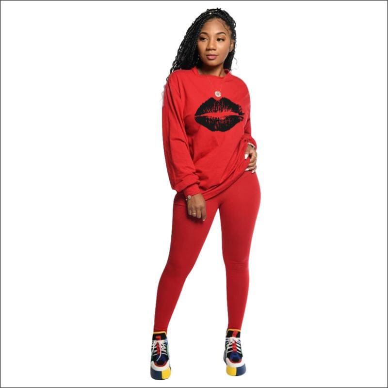 Round Neckline Long-sleeve Lip Print Top And Tight Pants - S