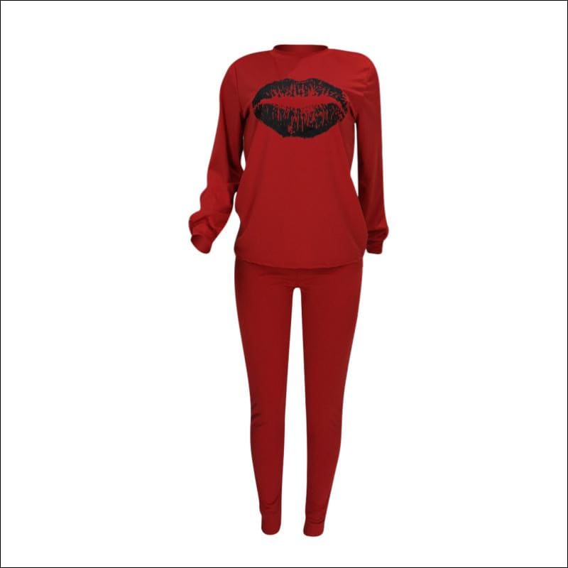 Round Neckline Long-sleeve Lip Print Top And Tight Pants - 