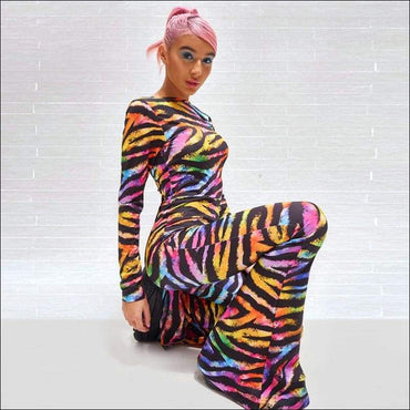 Round Neckline Long-sleeve Print Slim Jumpsuits