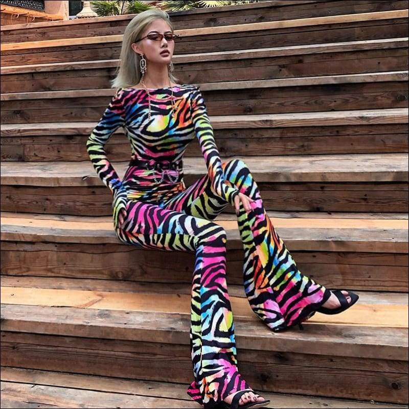 Round Neckline Long-sleeve Print Slim Jumpsuits - S / 