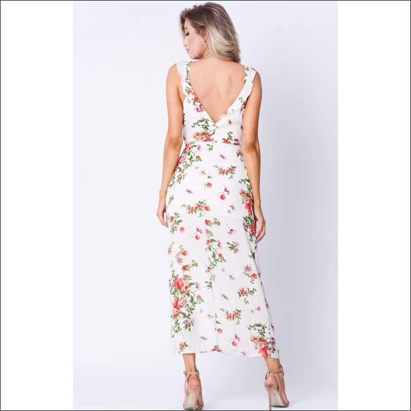 Ruffle Detail Side Slit Maxi Dress - Women’s Clothing