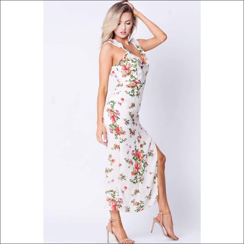 Ruffle Detail Side Slit Maxi Dress - Women’s Clothing