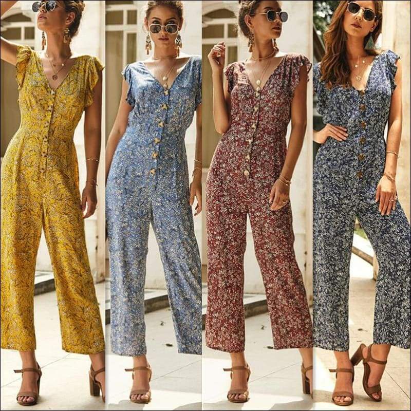 Ruffle Jumpsuits V-neck Single-breasted Floral Print - 