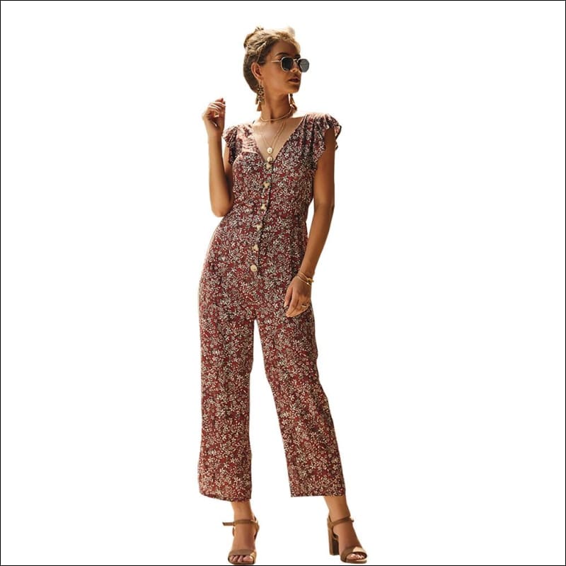 Ruffle Jumpsuits V-neck Single-breasted Floral Print - S / 