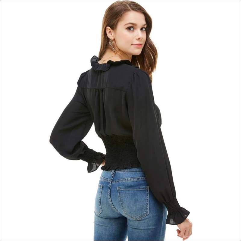 Ruffle Neck Smock Waist Long Sleeve Blouse - Women’s 