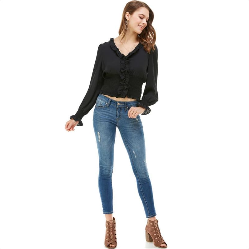Ruffle Neck Smock Waist Long Sleeve Blouse - Women’s 
