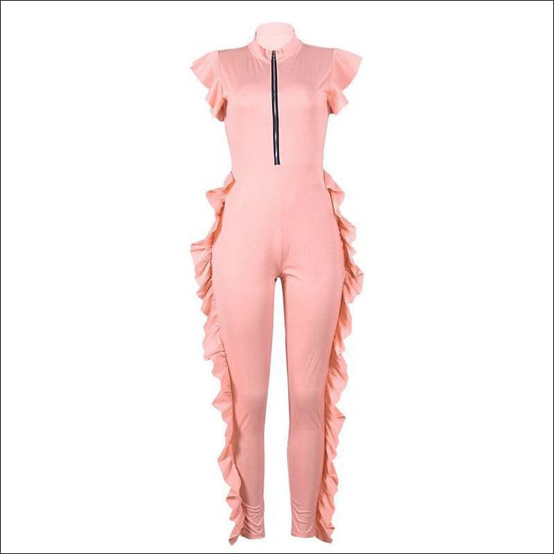 Ruffled Design Women Zipper Pattern Jumpsuits - S / Pink - 