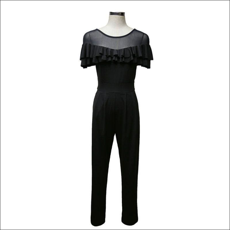 Ruffled Short-sleeve See-through Mesh Patchwork Jumpsuits - 