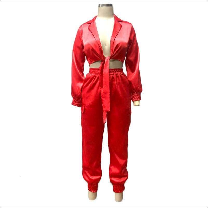 Satin Fabric Women Long-sleeve Cropped Top Jogger Pants - 