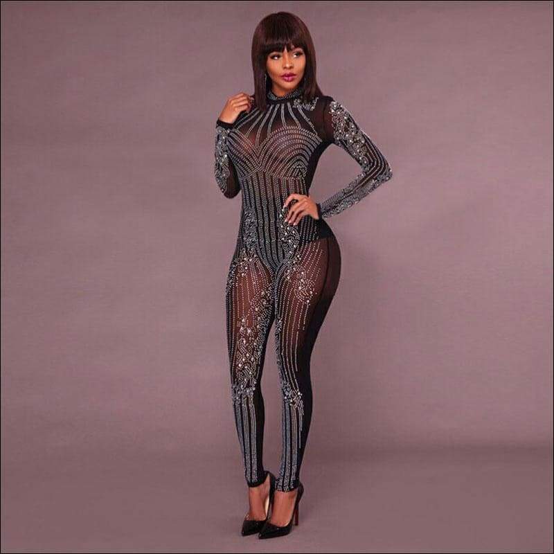See-through Fabric Long-sleeve Jumpsuits - S / Black - 