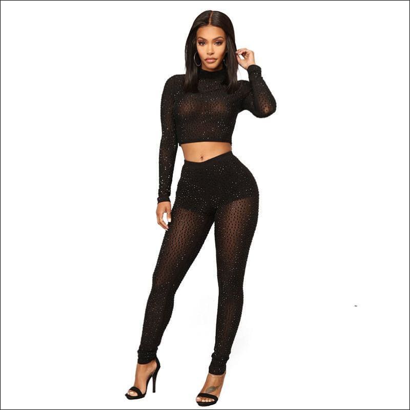 See-through Long-sleeve Mesh Patchwork Rhinestone Design - S