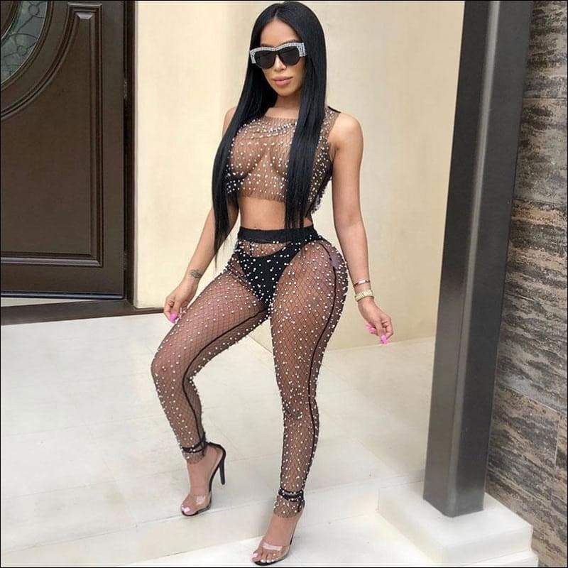 See-through Mesh Fabric Sleeveless Sexy Lady Top Pants 