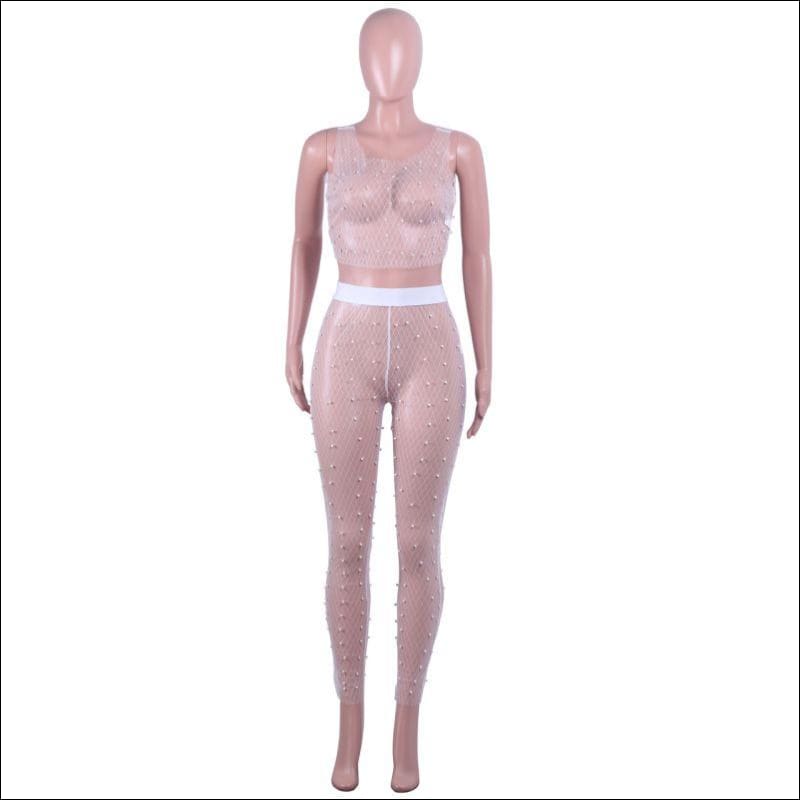 See-through Mesh Fabric Sleeveless Sexy Lady Top Pants 