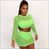 See-through Mesh Long-sleeve Crop Top And Bodycon Skirt Two Pieces Sets