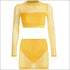 See-through Mesh Long-sleeve Crop Top And Bodycon Skirt Two Pieces Sets
