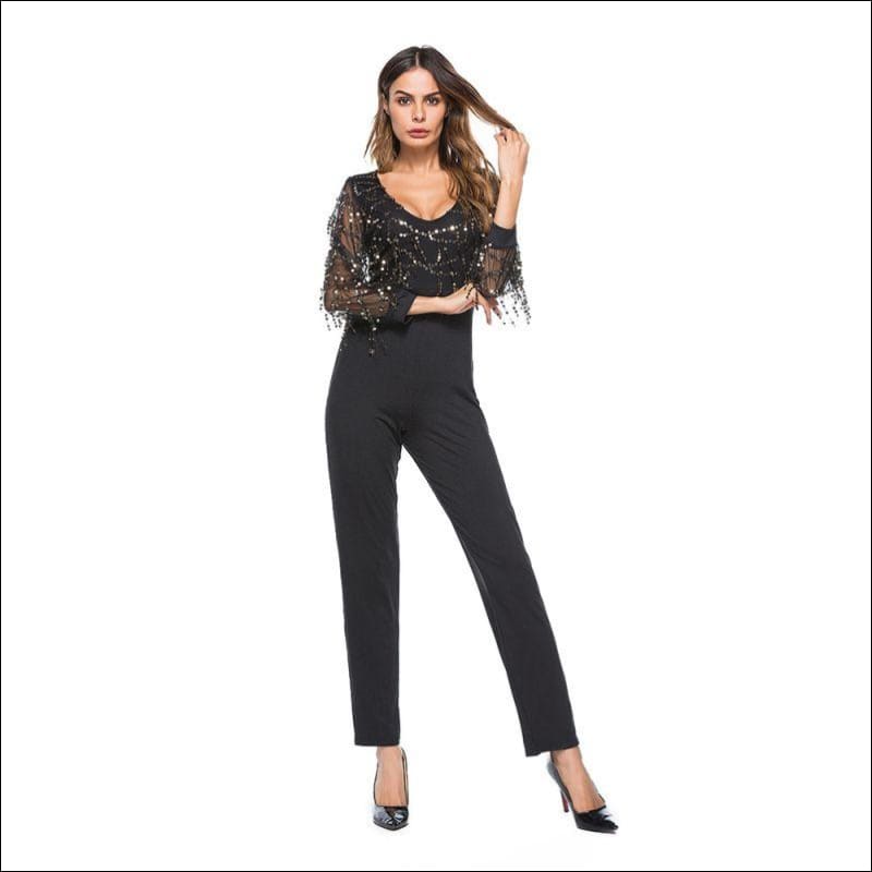 See-through Mesh Long-sleeve Tassel Decor Sequin Party 