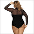 See-through Mesh Patchwork Long Sleeve Plus Size Bodysuits