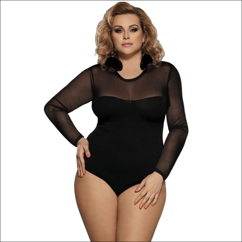 See-through Mesh Patchwork Long Sleeve Plus Size Bodysuits -