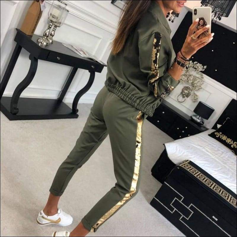 Sequins Patchwork Long-sleeve Coat And Casual Pants Sports 