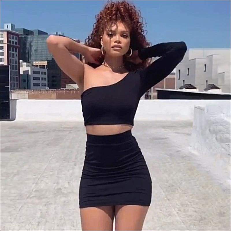 Sexy Black One-shoulder Crop Top And Bodycon Skirt - S / 