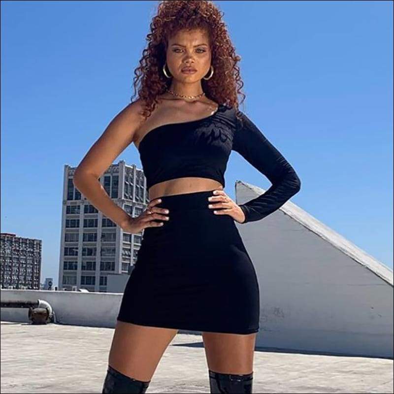 Sexy Black One-shoulder Crop Top And Bodycon Skirt - Sets 
