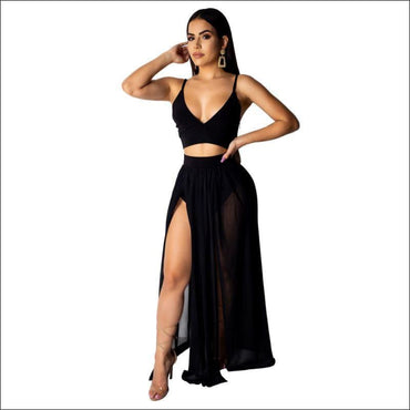 Sexy Chiffon Solid Color V Neck Camisole High-waisted Slit Skirt