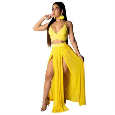 Sexy Chiffon Solid Color V Neck Camisole High-waisted Slit Skirt