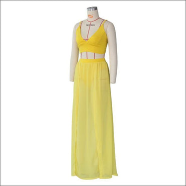 Sexy Chiffon Solid Color V Neck Camisole High-waisted Slit Skirt