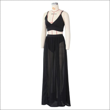 Sexy Chiffon Solid Color V Neck Camisole High-waisted Slit Skirt