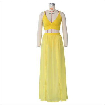 Sexy Chiffon Solid Color V Neck Camisole High-waisted Slit Skirt