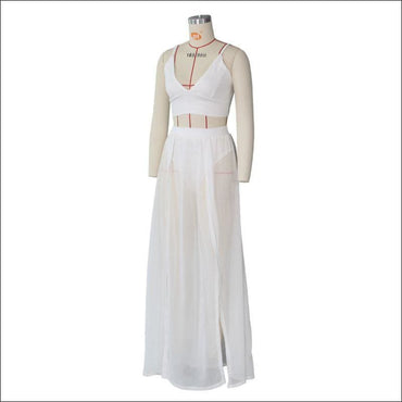Sexy Chiffon Solid Color V Neck Camisole High-waisted Slit Skirt