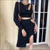 Sexy Hollow Single Long-sleeve Top And Side-slit Bodycon Skirt Two Pieces Sets