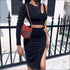 Sexy Hollow Single Long-sleeve Top And Side-slit Bodycon Skirt Two Pieces Sets