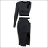 Sexy Hollow Single Long-sleeve Top And Side-slit Bodycon Skirt Two Pieces Sets