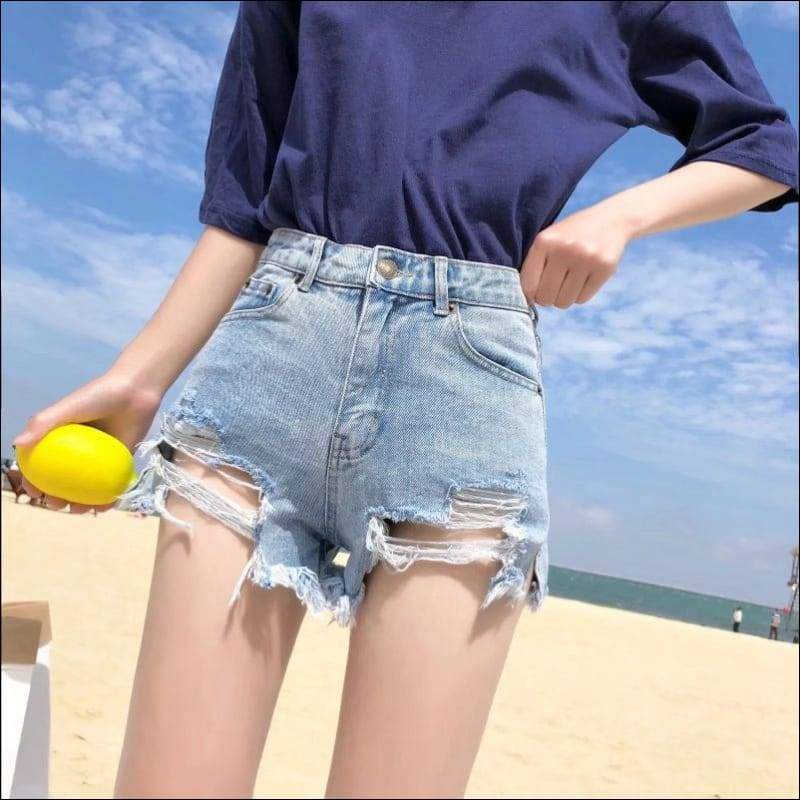 Sexy Irregular Raw Hem Ripped Denim Shorts - XS / Lt.Blue - 