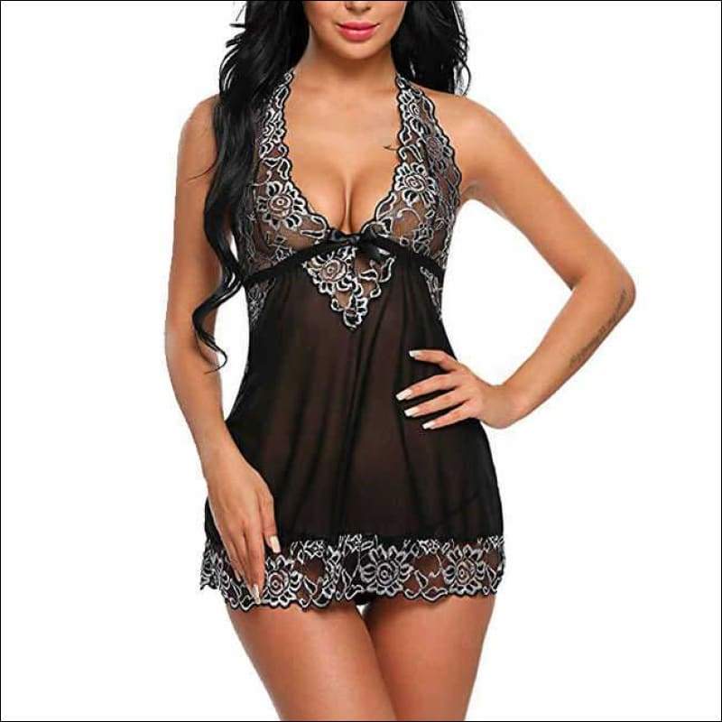 Sexy Lace V-neck Patchwork Nightdress - L / Black - Lingerie