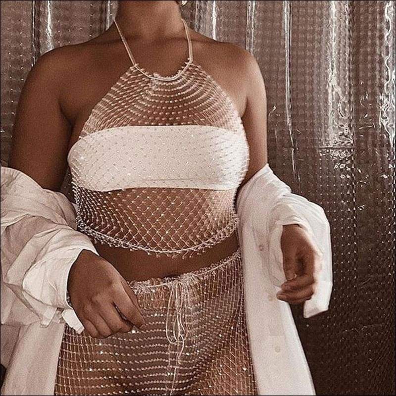 Sexy Nightclub Pattern Mesh Design Halter Neck Crop Top 