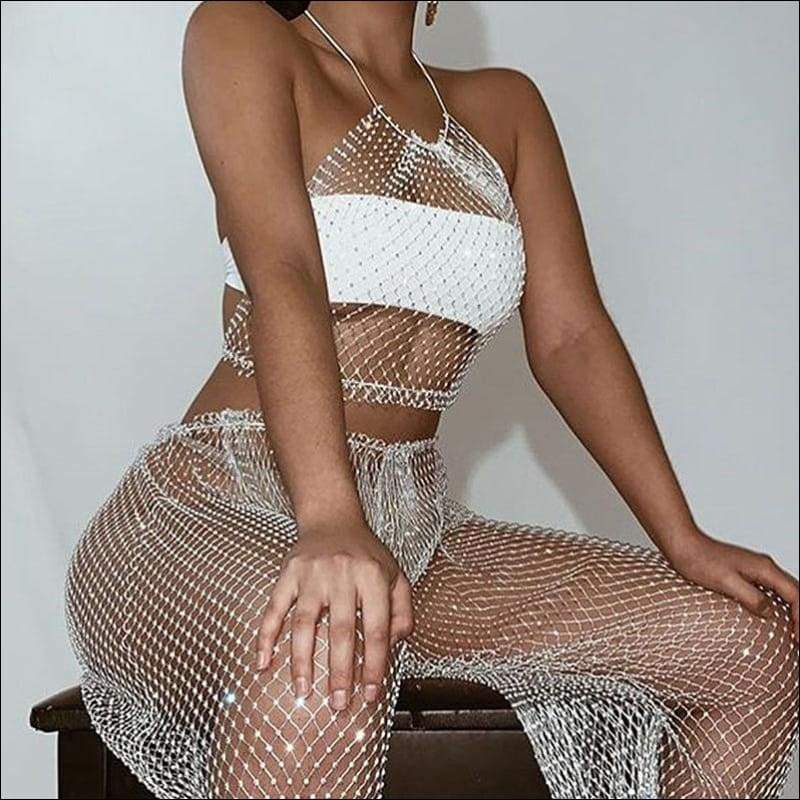 Sexy Nightclub Pattern Mesh Design Halter Neck Crop Top 