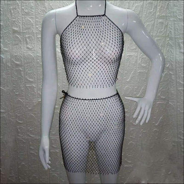 Sexy See-through Mesh Rhinestone Decor Two-piece Nightclub Wear