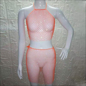 Sexy See-through Mesh Rhinestone Decor Two-piece Nightclub Wear