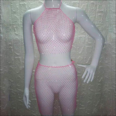 Sexy See-through Mesh Rhinestone Decor Two-piece Nightclub Wear