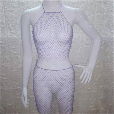 Sexy See-through Mesh Rhinestone Decor Two-piece Nightclub Wear