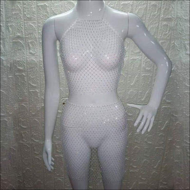 Sexy See-through Mesh Rhinestone Decor Two-piece Nightclub Wear